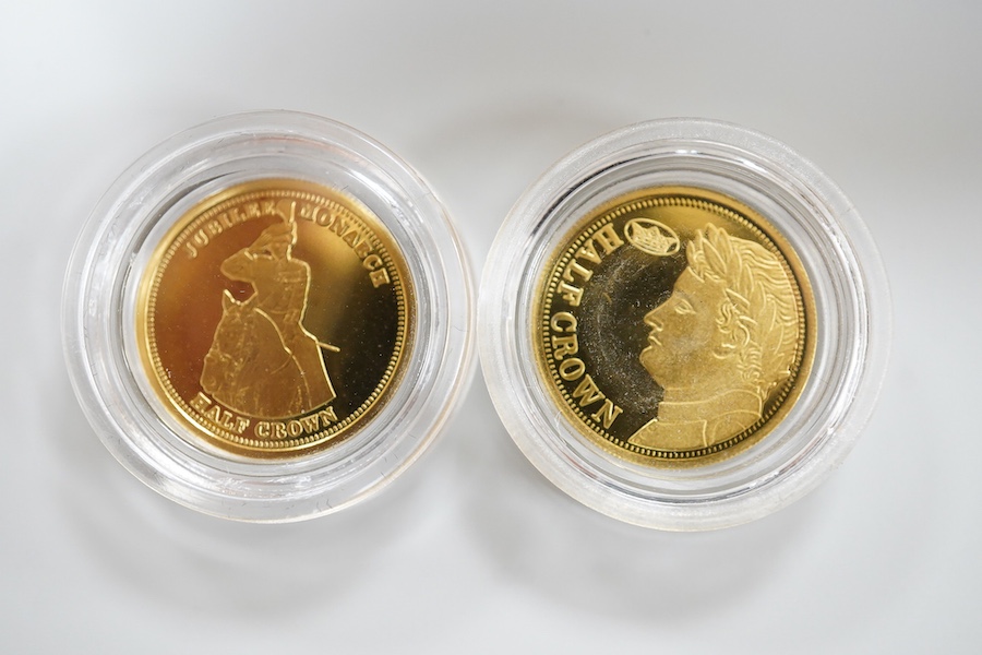 Gold coins, Elizabeth II;, Ascension Island, 1/5 sovereign, 2013, Tristan de Cunha, six gold half crowns (2009 x 4 and 2010 x 2), and a quarter sovereign, 2016, British virgin islands gold $3, 2013, Isle of Man gold 1/5